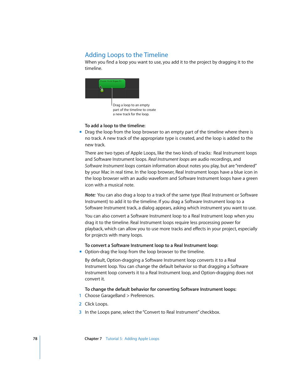 Adding loops to the timeline | Apple GarageBand '09 User Manual | Page 78 / 122