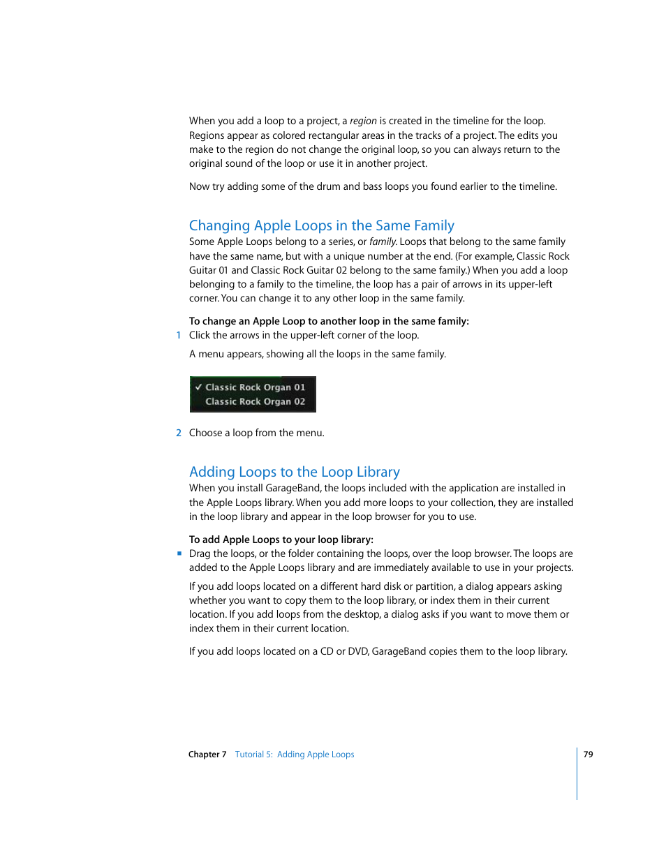 Changing apple loops in the same family, Adding loops to the loop library | Apple GarageBand '09 User Manual | Page 79 / 122