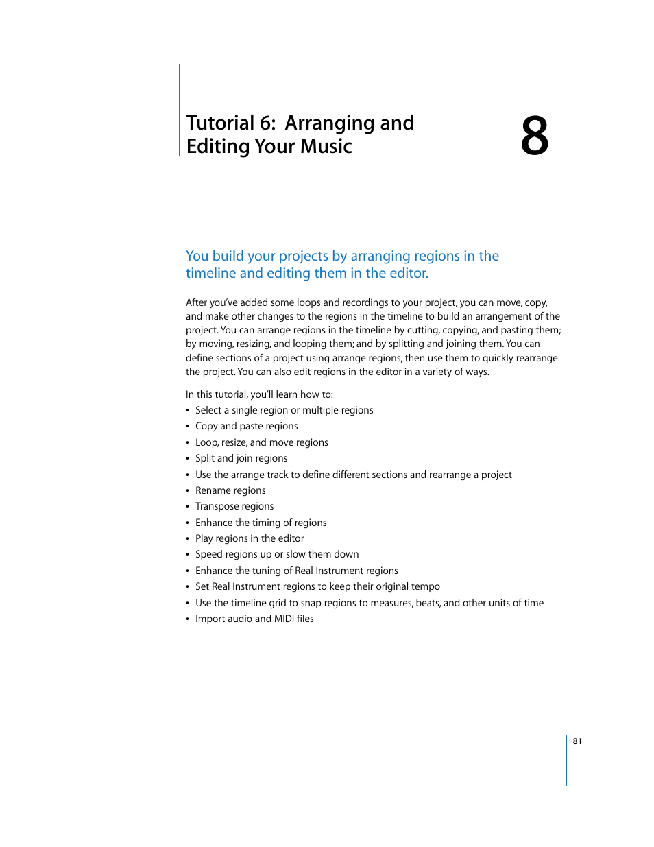Tutorial 6: arranging and editingyour music, Chapter 8, Tutorial 6: arranging and editing your music | Apple GarageBand '09 User Manual | Page 81 / 122