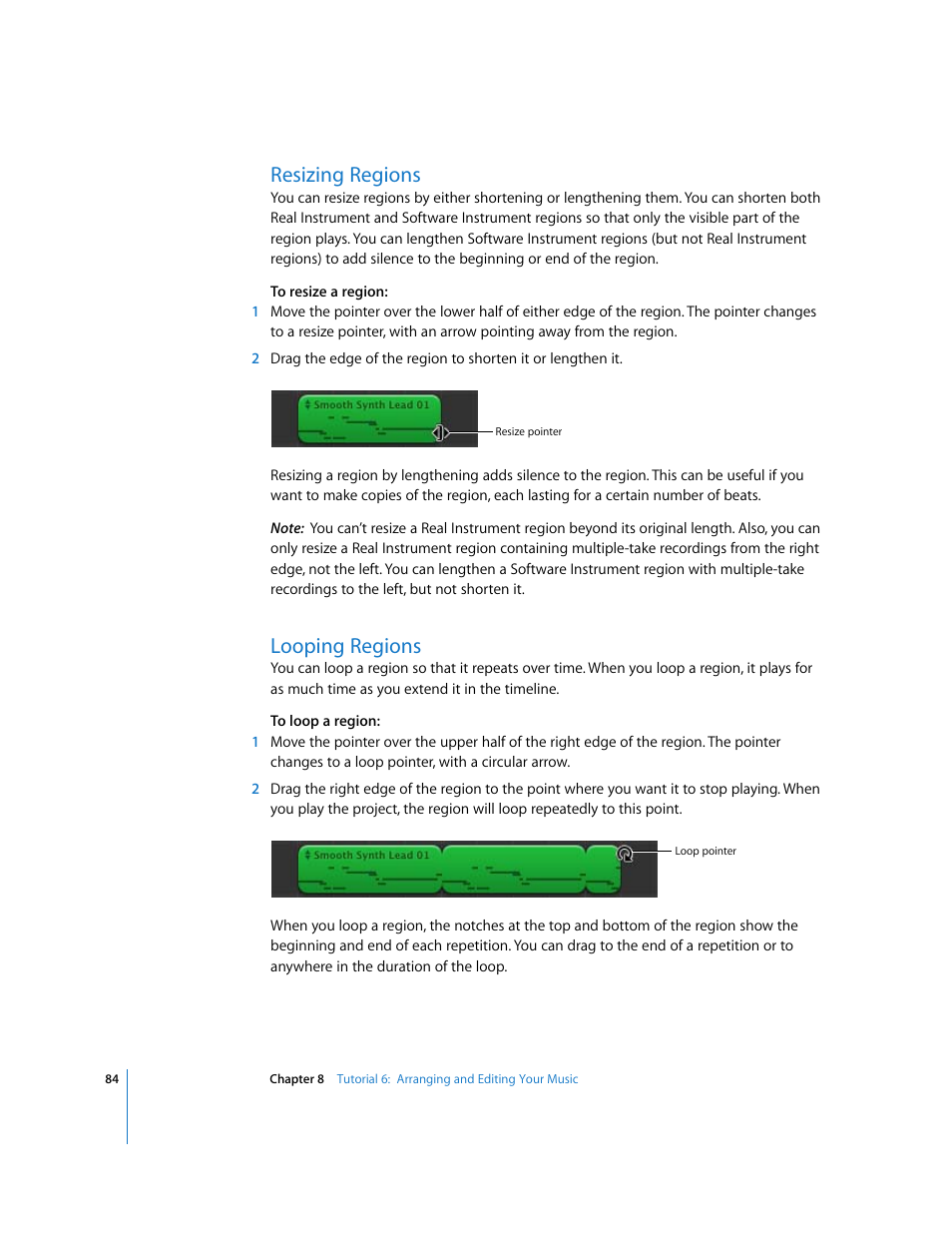 Resizing regions, Looping regions | Apple GarageBand '09 User Manual | Page 84 / 122