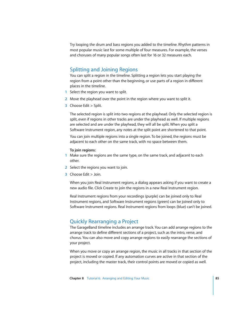 Splitting and joining regions, Quickly rearranging a project | Apple GarageBand '09 User Manual | Page 85 / 122