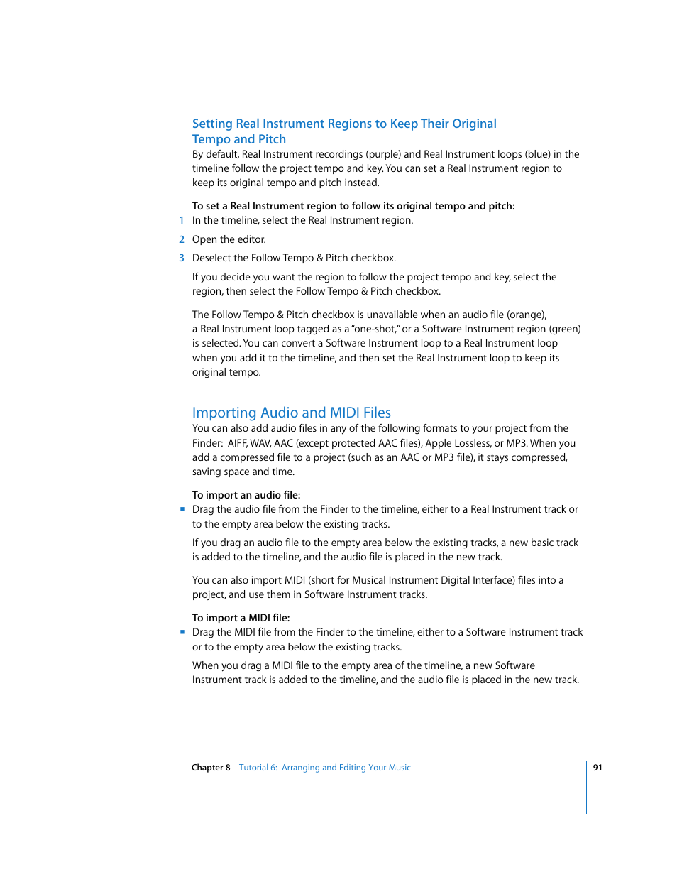 Importing audio and midi files | Apple GarageBand '09 User Manual | Page 91 / 122