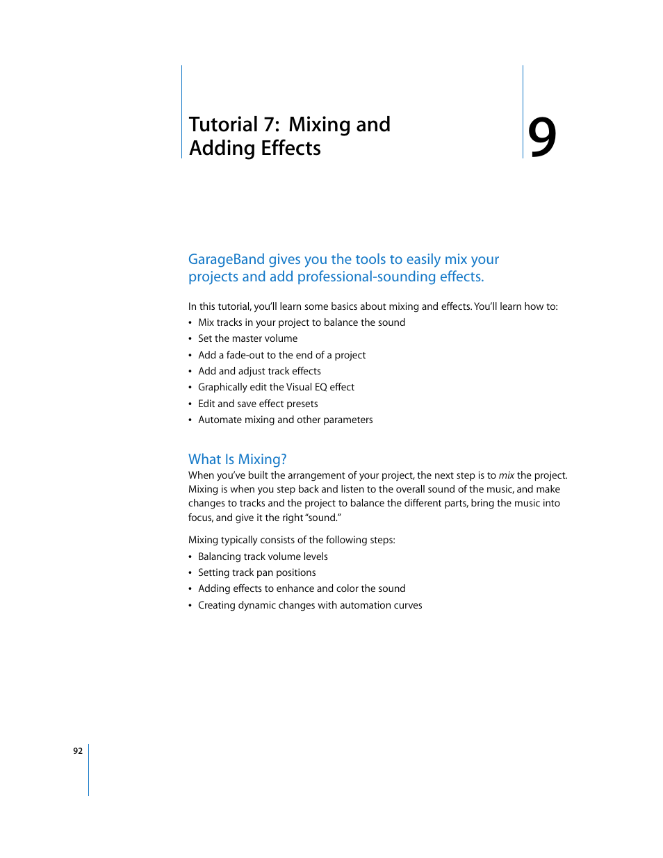 Tutorial 7: mixing and addingeffects, Chapter 9, Tutorial 7: mixing and adding effects | Apple GarageBand '09 User Manual | Page 92 / 122