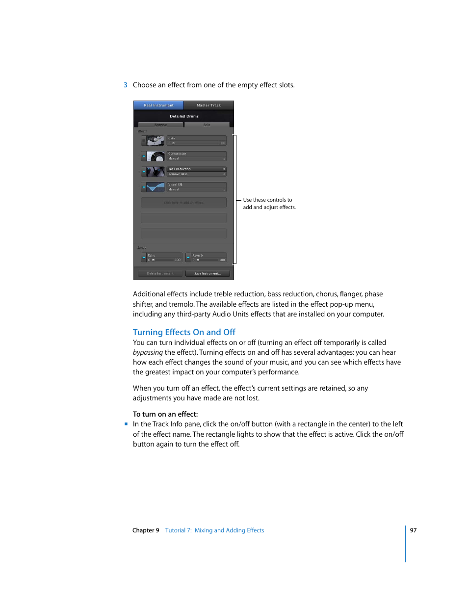 Turning effects on and off | Apple GarageBand '09 User Manual | Page 97 / 122