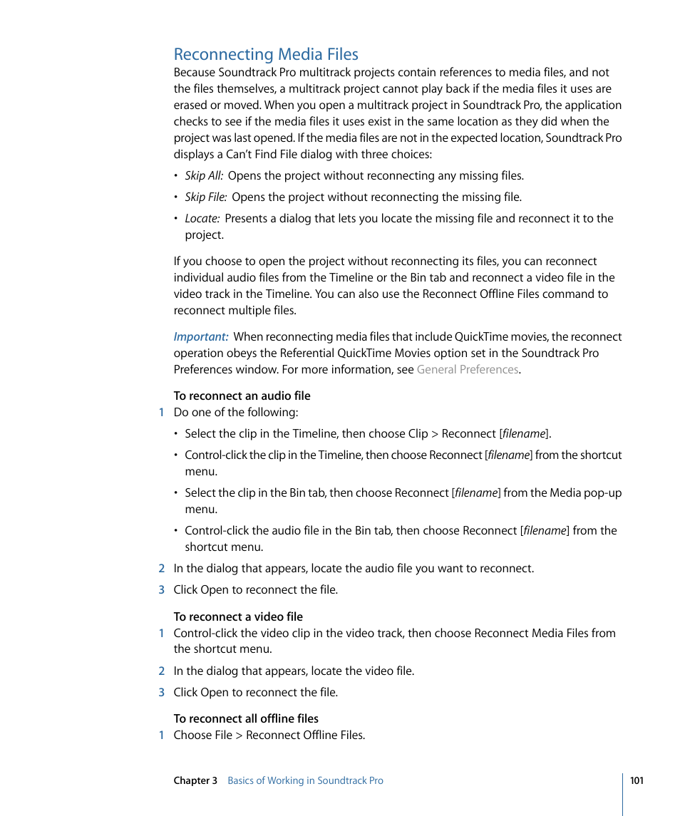 Reconnecting media files | Apple Soundtrack Pro 3 User Manual | Page 101 / 542