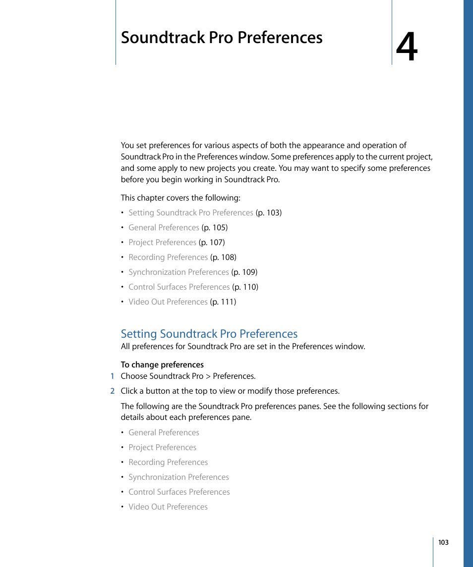 Soundtrack pro preferences, Setting soundtrack pro preferences | Apple Soundtrack Pro 3 User Manual | Page 103 / 542