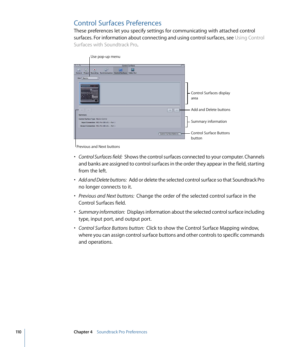 Control surfaces preferences | Apple Soundtrack Pro 3 User Manual | Page 110 / 542