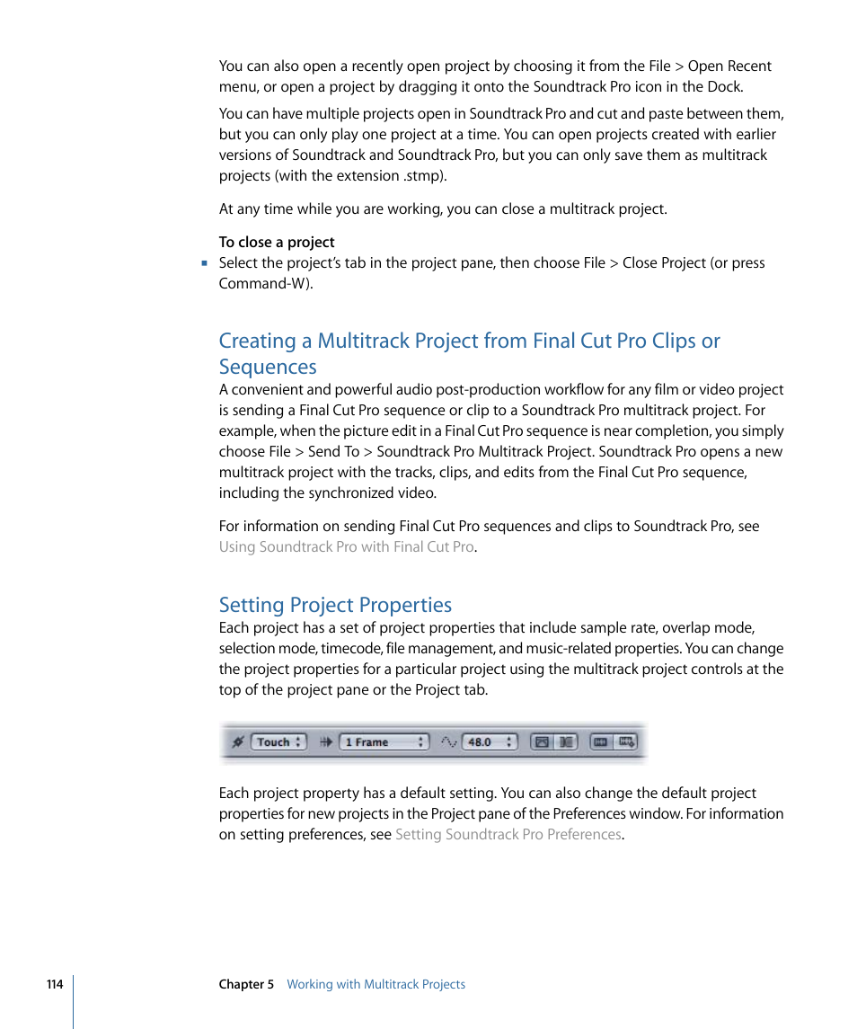 Setting project properties | Apple Soundtrack Pro 3 User Manual | Page 114 / 542