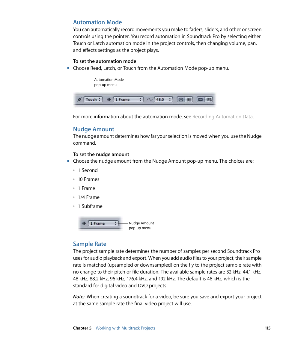 Automation mode, Nudge amount, Sample rate | Apple Soundtrack Pro 3 User Manual | Page 115 / 542