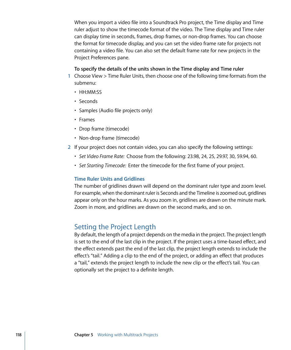 Time ruler units and gridlines, Setting the project length | Apple Soundtrack Pro 3 User Manual | Page 118 / 542