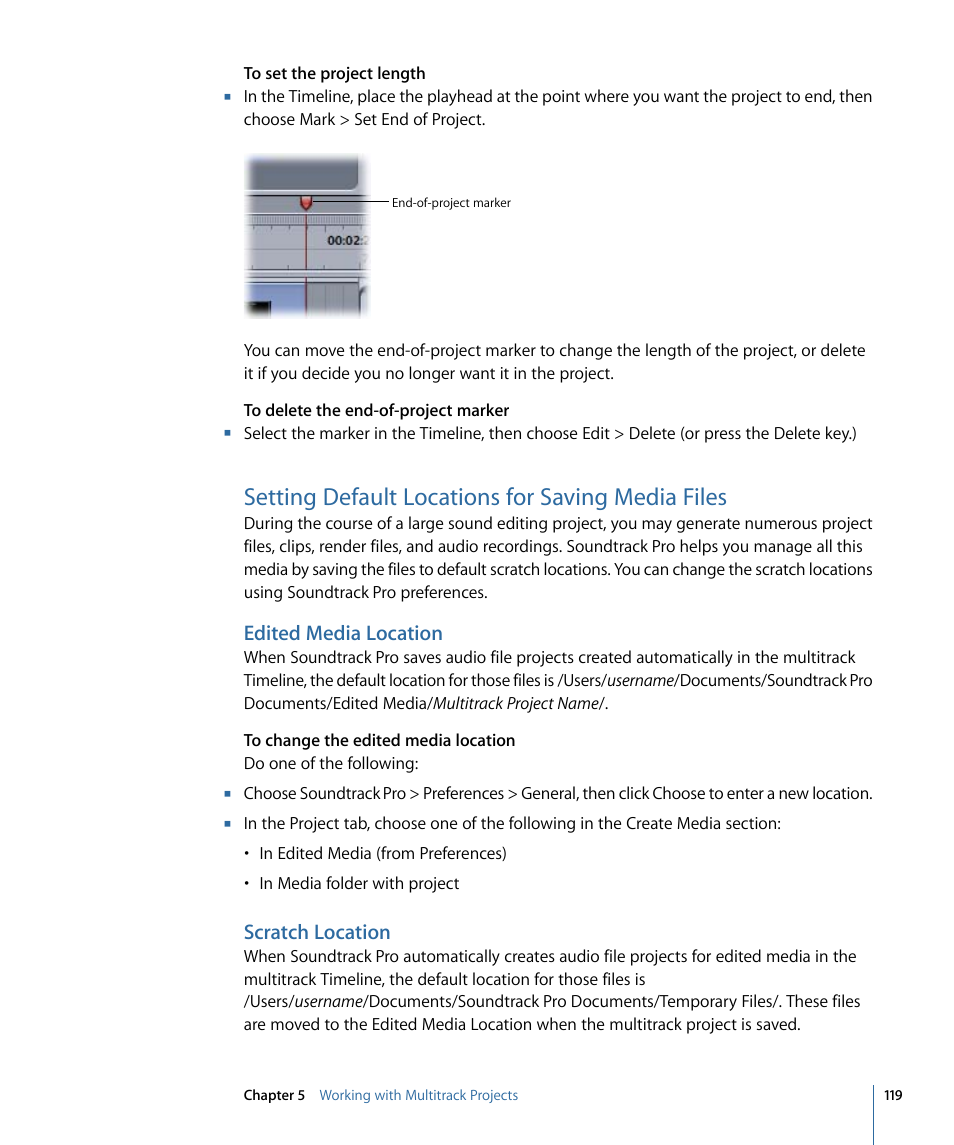 Setting default locations for saving media files, Edited media location, Scratch location | Apple Soundtrack Pro 3 User Manual | Page 119 / 542