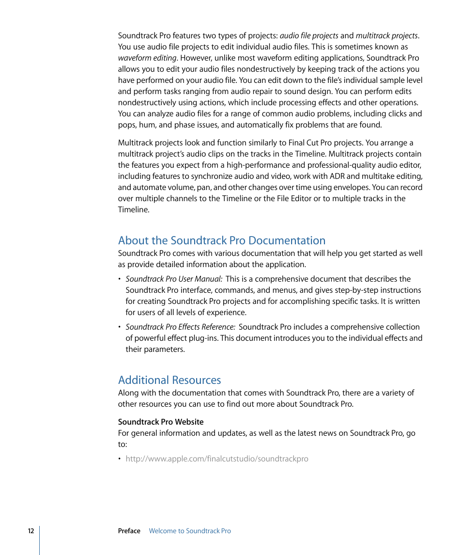 About the soundtrack pro documentation, Additional resources | Apple Soundtrack Pro 3 User Manual | Page 12 / 542