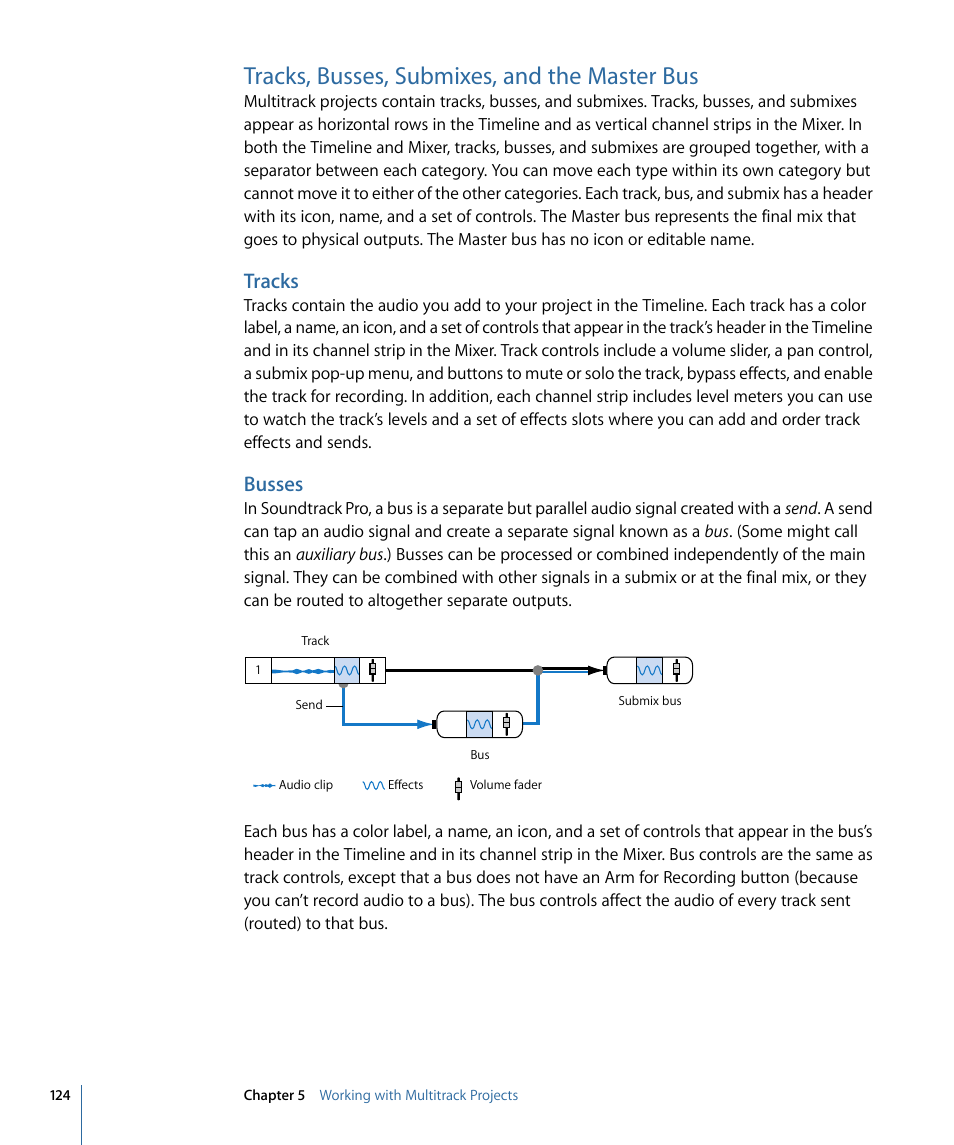 Tracks, busses, submixes, and the master bus, Tracks, Busses | Apple Soundtrack Pro 3 User Manual | Page 124 / 542