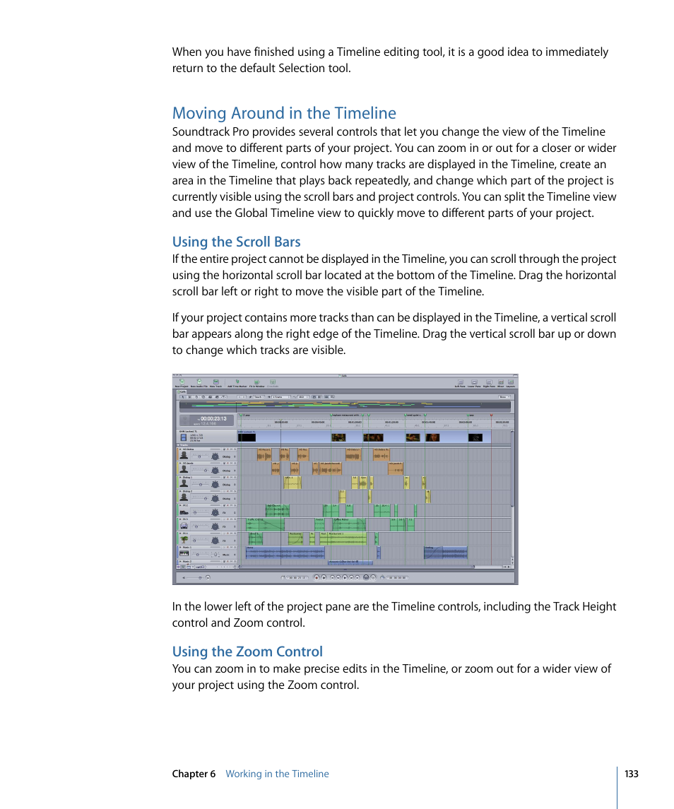 Moving around in the timeline, Using the scroll bars, Using the zoom control | Apple Soundtrack Pro 3 User Manual | Page 133 / 542