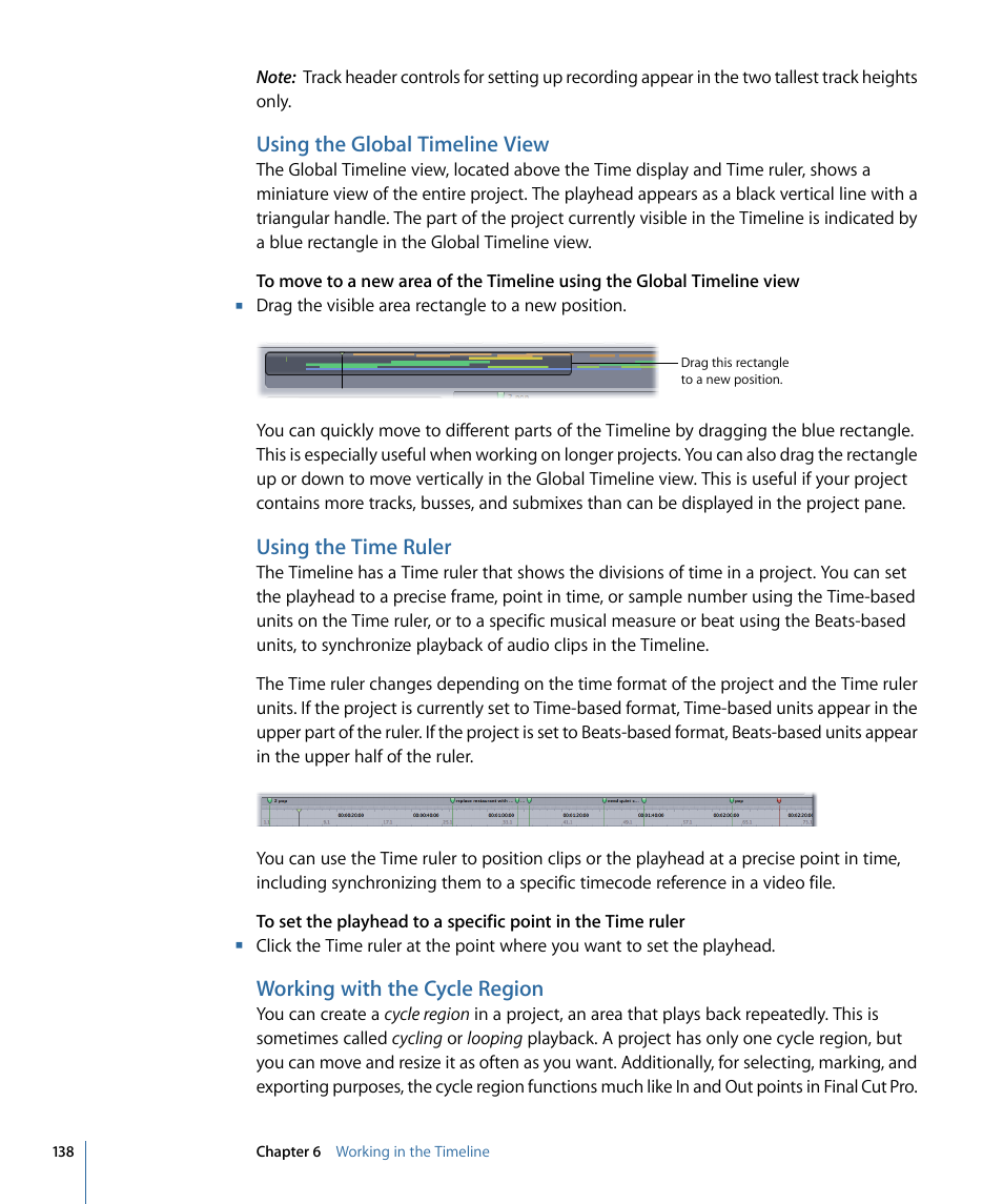 Using the global timeline view, Using the time ruler, Working with the cycle region | Apple Soundtrack Pro 3 User Manual | Page 138 / 542