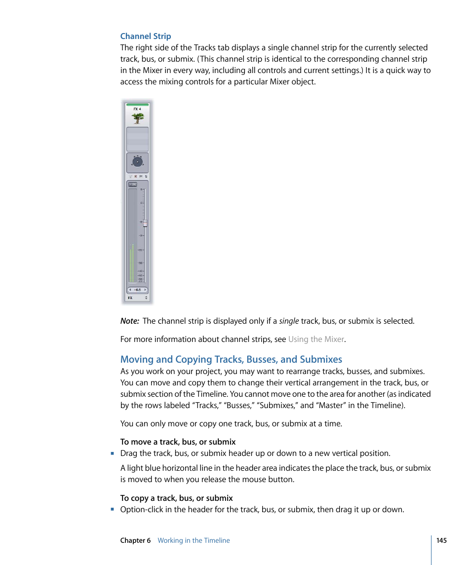 Channel strip, Moving and copying tracks, busses, and submixes | Apple Soundtrack Pro 3 User Manual | Page 145 / 542