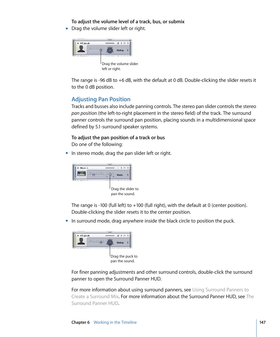 Adjusting pan position | Apple Soundtrack Pro 3 User Manual | Page 147 / 542