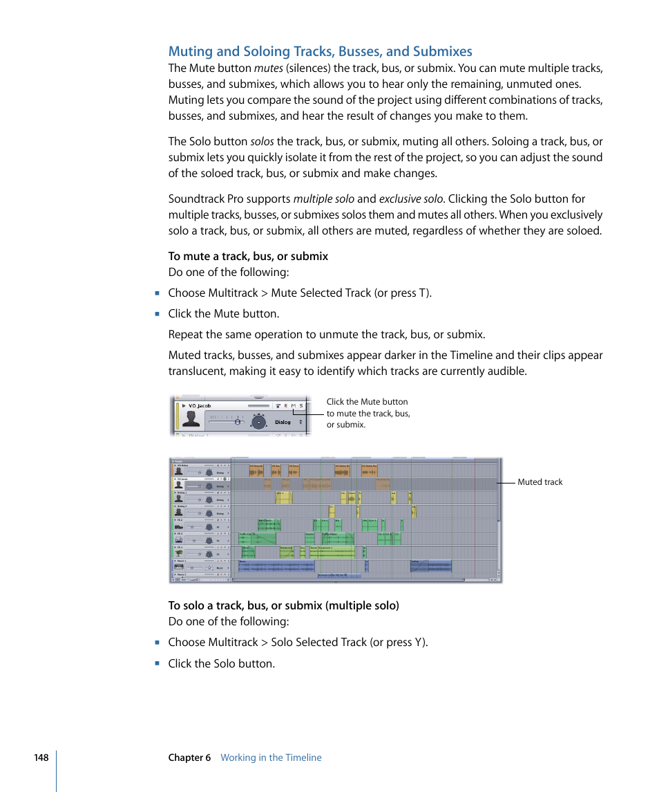 Muting and soloing tracks, busses, and submixes, Muting and soloing, Tracks, busses, and submixes | Apple Soundtrack Pro 3 User Manual | Page 148 / 542