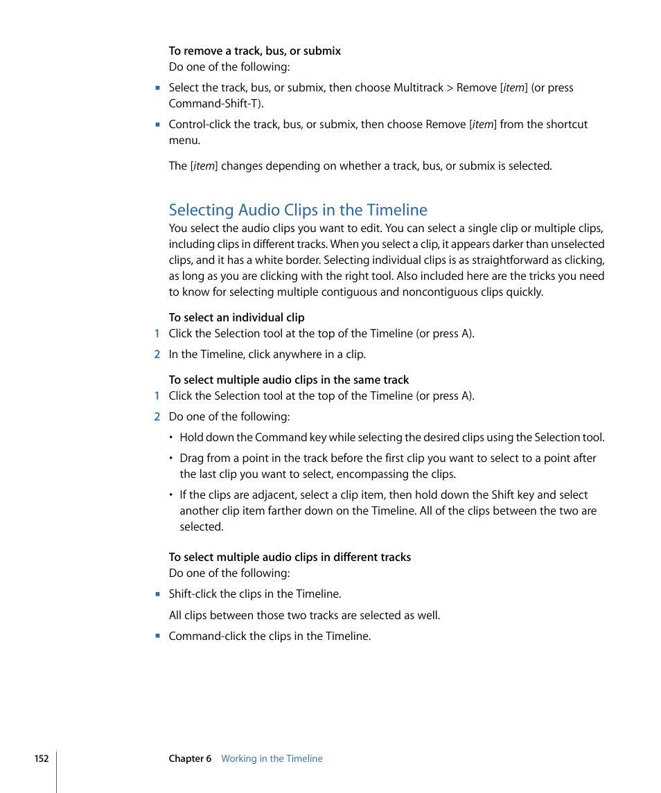 Selecting audio clips in the timeline | Apple Soundtrack Pro 3 User Manual | Page 152 / 542