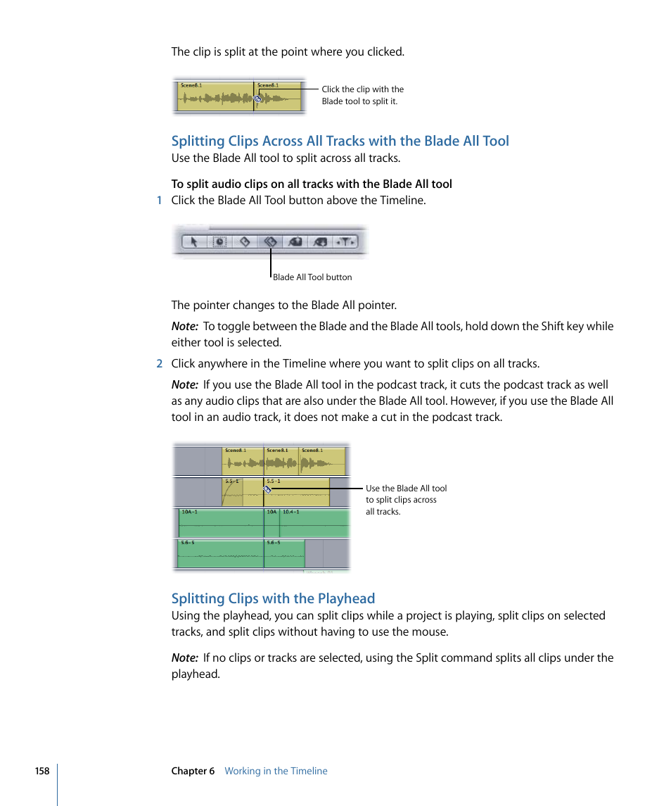 Splitting clips with the playhead | Apple Soundtrack Pro 3 User Manual | Page 158 / 542