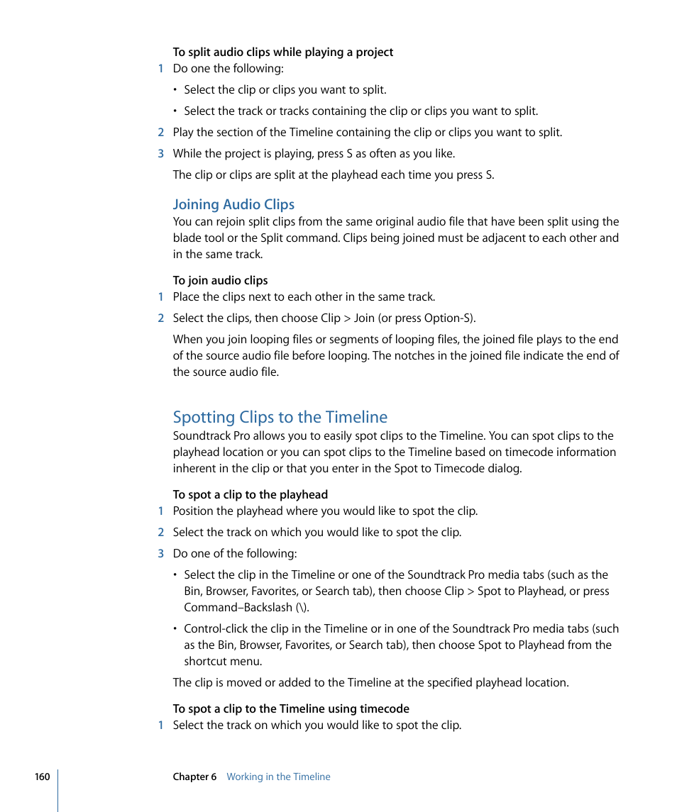 Joining audio clips, Spotting clips to the timeline | Apple Soundtrack Pro 3 User Manual | Page 160 / 542