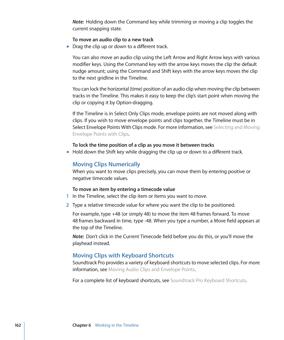 Moving clips numerically, Moving clips with keyboard shortcuts | Apple Soundtrack Pro 3 User Manual | Page 162 / 542