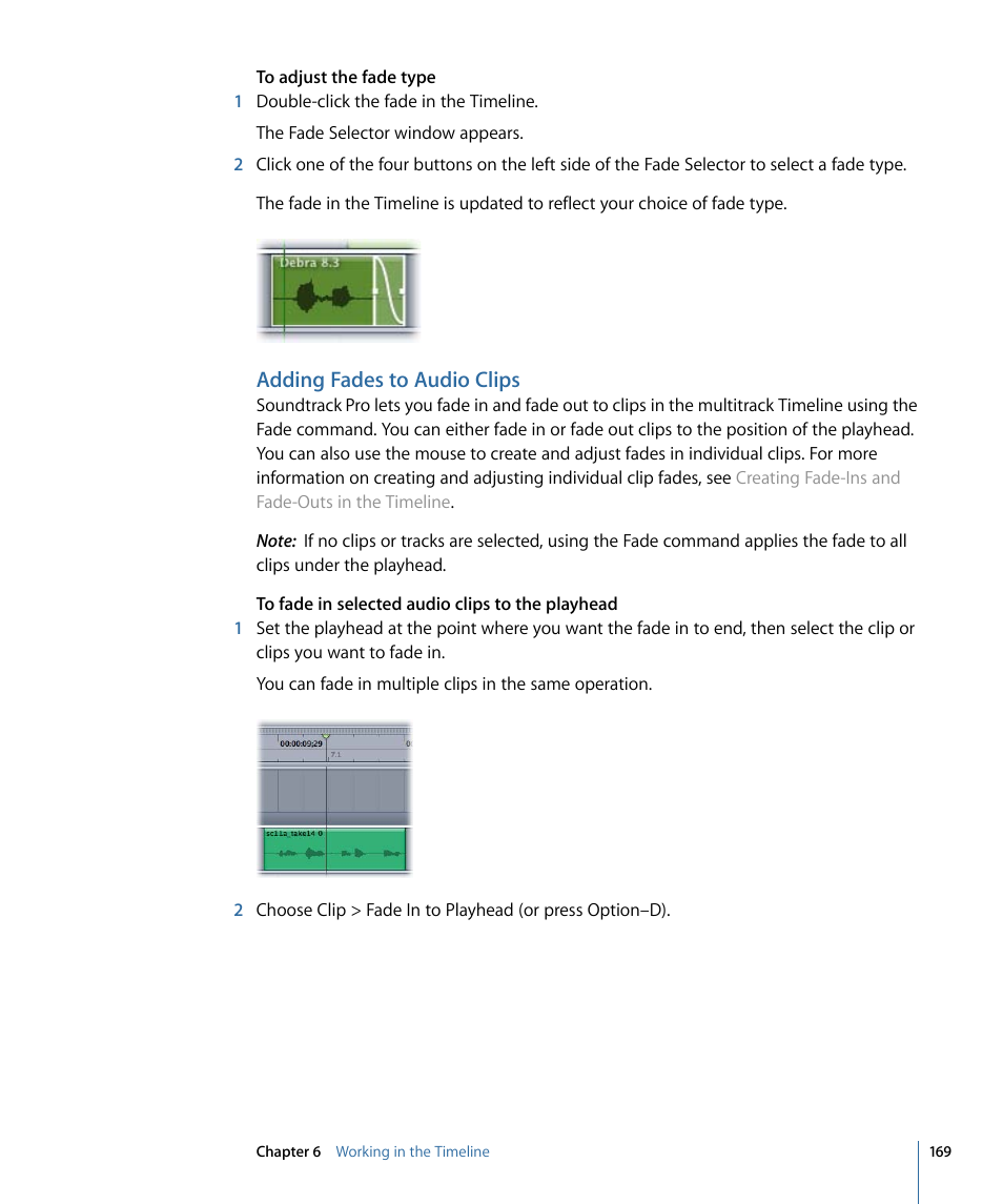 Adding fades to audio clips | Apple Soundtrack Pro 3 User Manual | Page 169 / 542