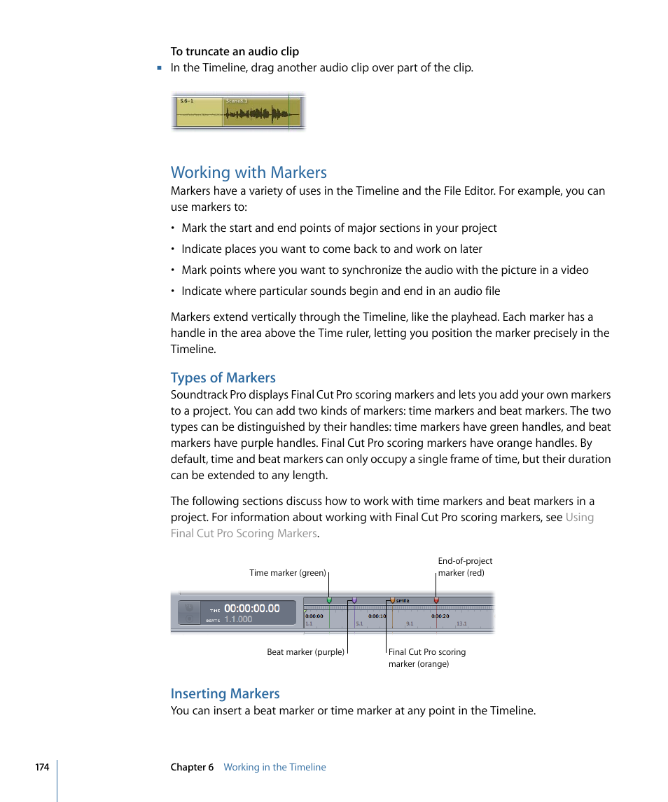 Working with markers, Types of markers, Inserting markers | Apple Soundtrack Pro 3 User Manual | Page 174 / 542