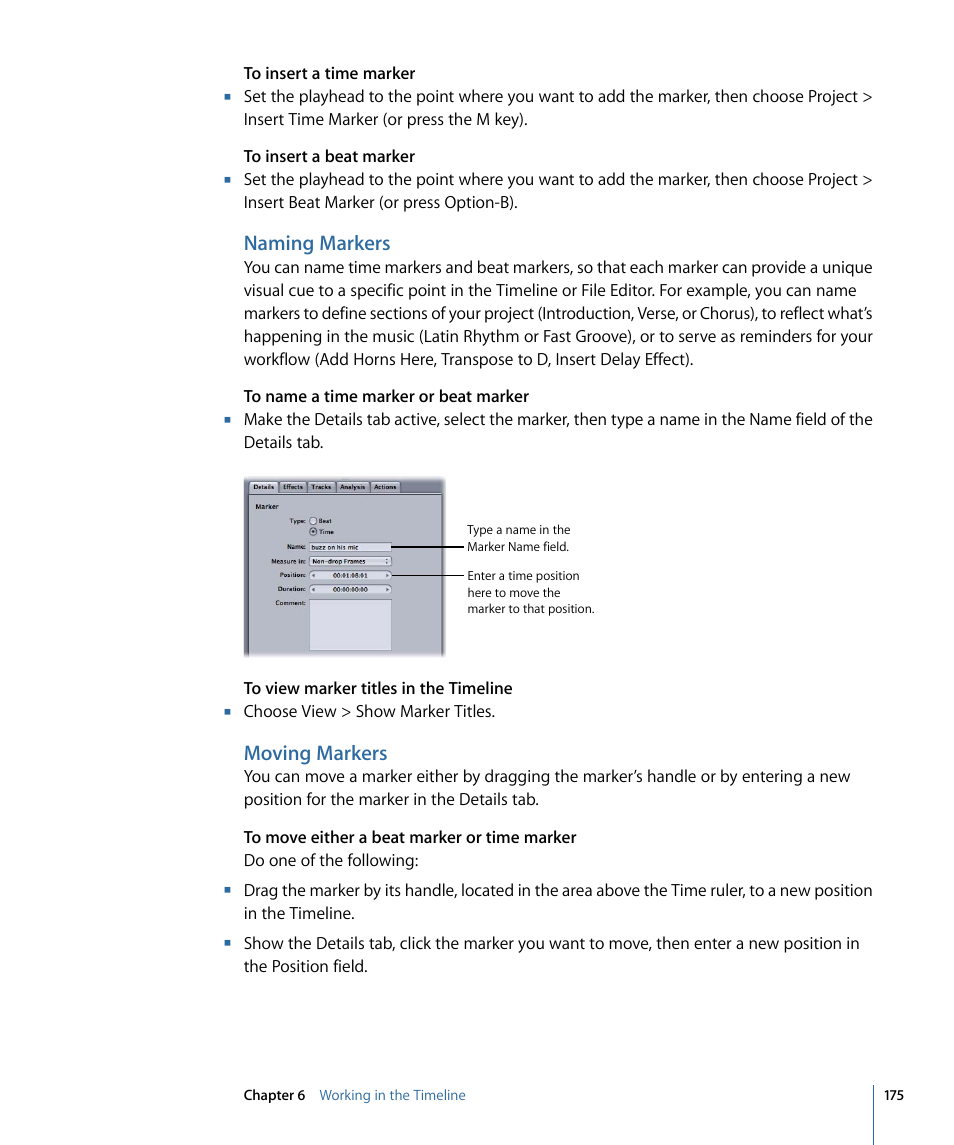 Naming markers, Moving markers | Apple Soundtrack Pro 3 User Manual | Page 175 / 542