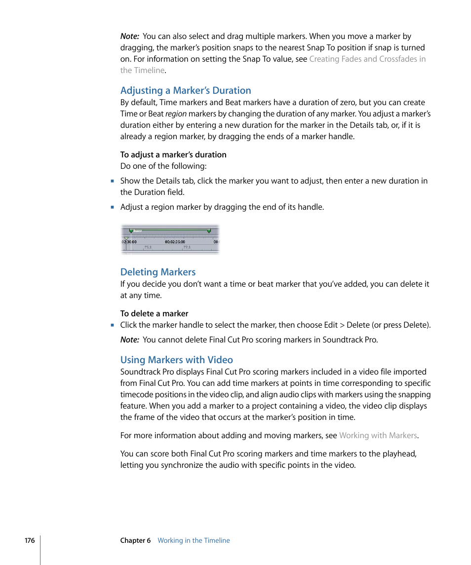 Adjusting a marker’s duration, Deleting markers, Using markers with video | Apple Soundtrack Pro 3 User Manual | Page 176 / 542