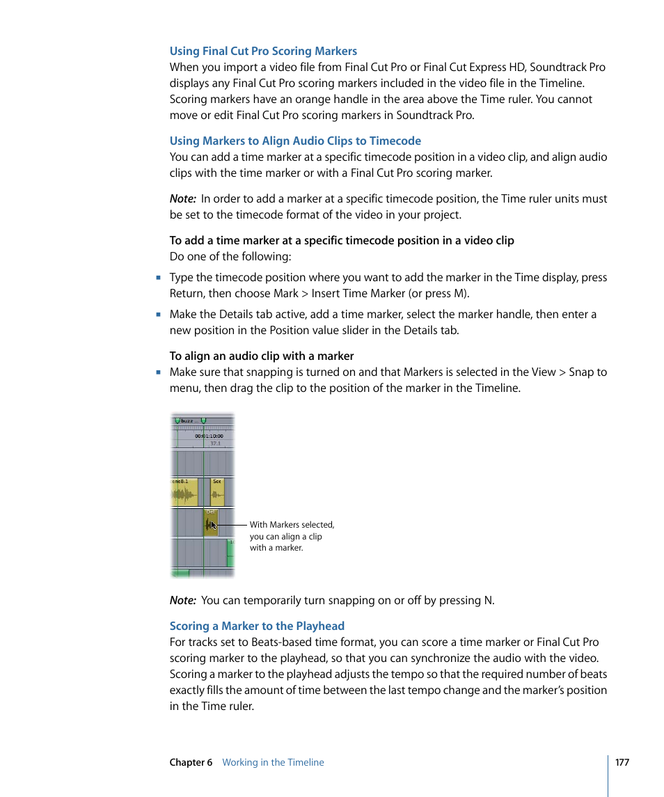 Using final cut pro scoring markers, Using markers to align audio clips to timecode, Scoring a marker to the playhead | Apple Soundtrack Pro 3 User Manual | Page 177 / 542