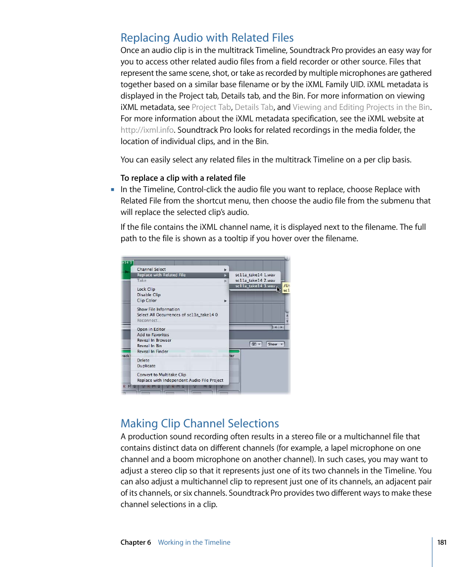 Replacing audio with related files, Making clip channel selections | Apple Soundtrack Pro 3 User Manual | Page 181 / 542