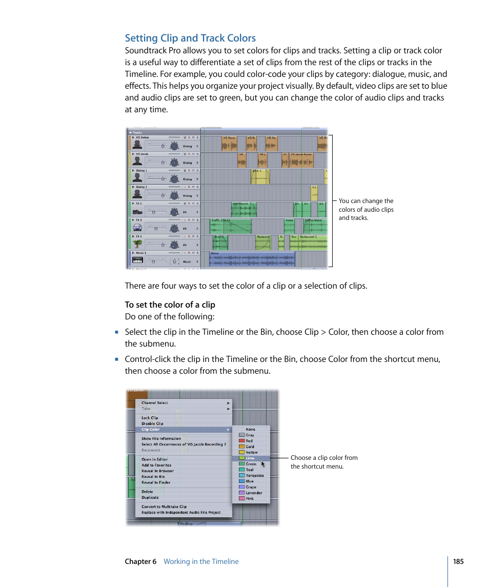 Setting clip and track colors | Apple Soundtrack Pro 3 User Manual | Page 185 / 542