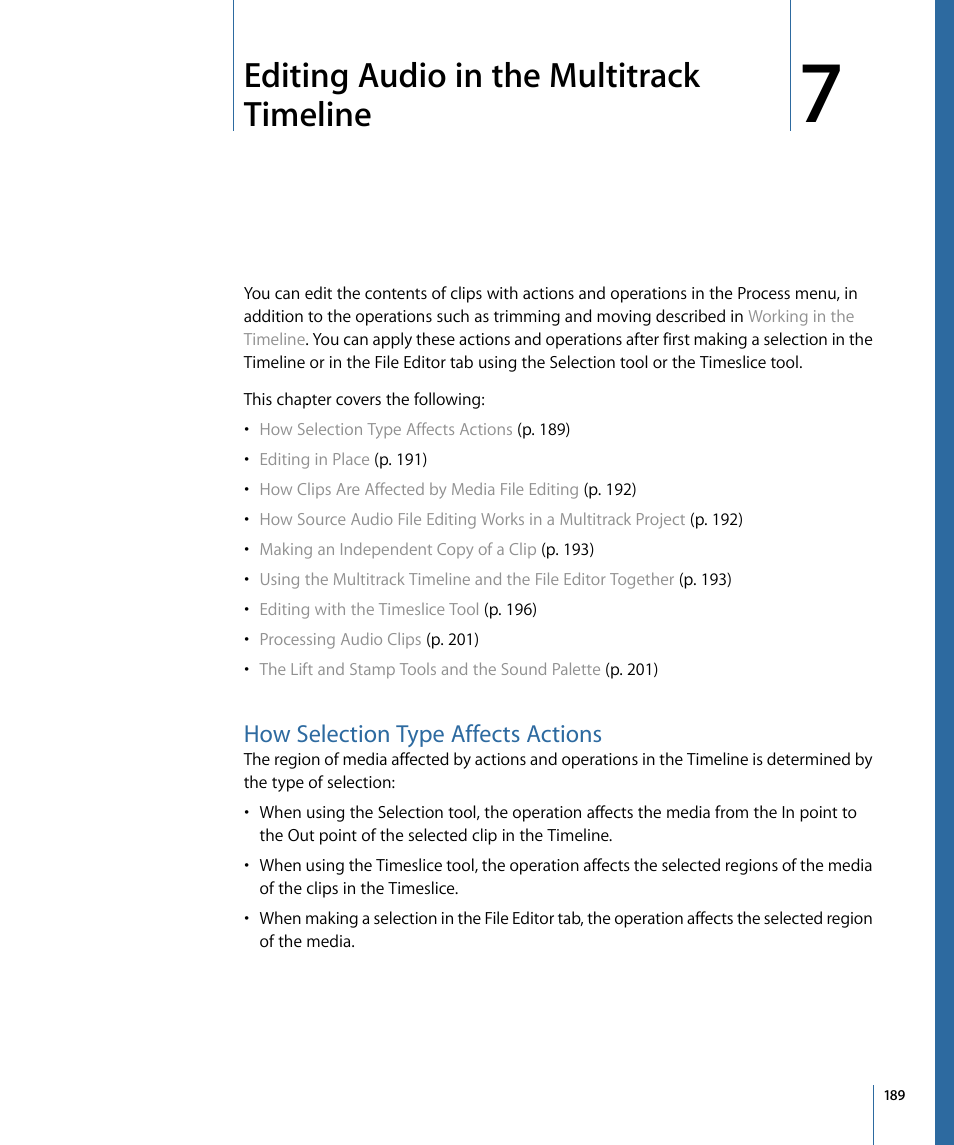 Editing audio in the multitrack timeline, How selection type affects actions, Editing audio in the | Multitrack timeline | Apple Soundtrack Pro 3 User Manual | Page 189 / 542