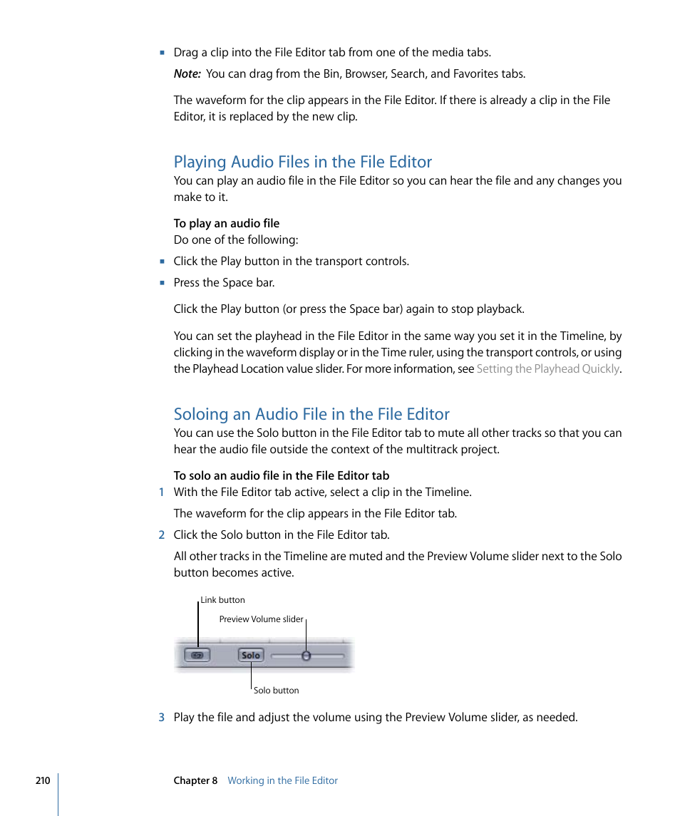 Playing audio files in the file editor, Soloing an audio file in the file editor | Apple Soundtrack Pro 3 User Manual | Page 210 / 542