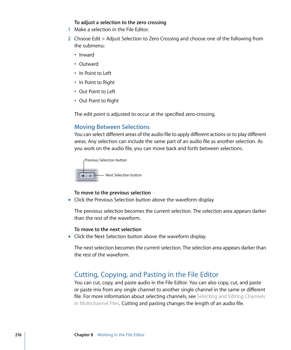 Moving between selections, Cutting, copying, and pasting in the file editor | Apple Soundtrack Pro 3 User Manual | Page 216 / 542