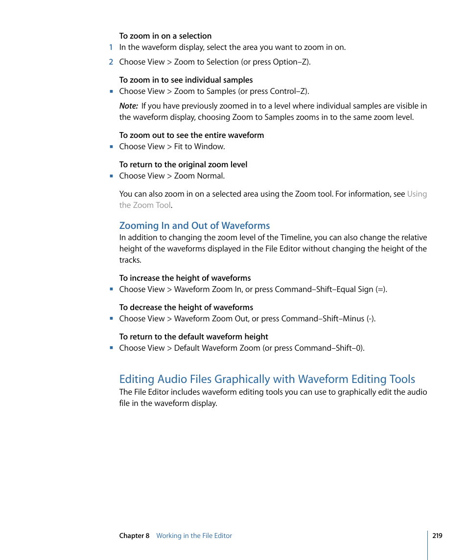 Zooming in and out of waveforms | Apple Soundtrack Pro 3 User Manual | Page 219 / 542