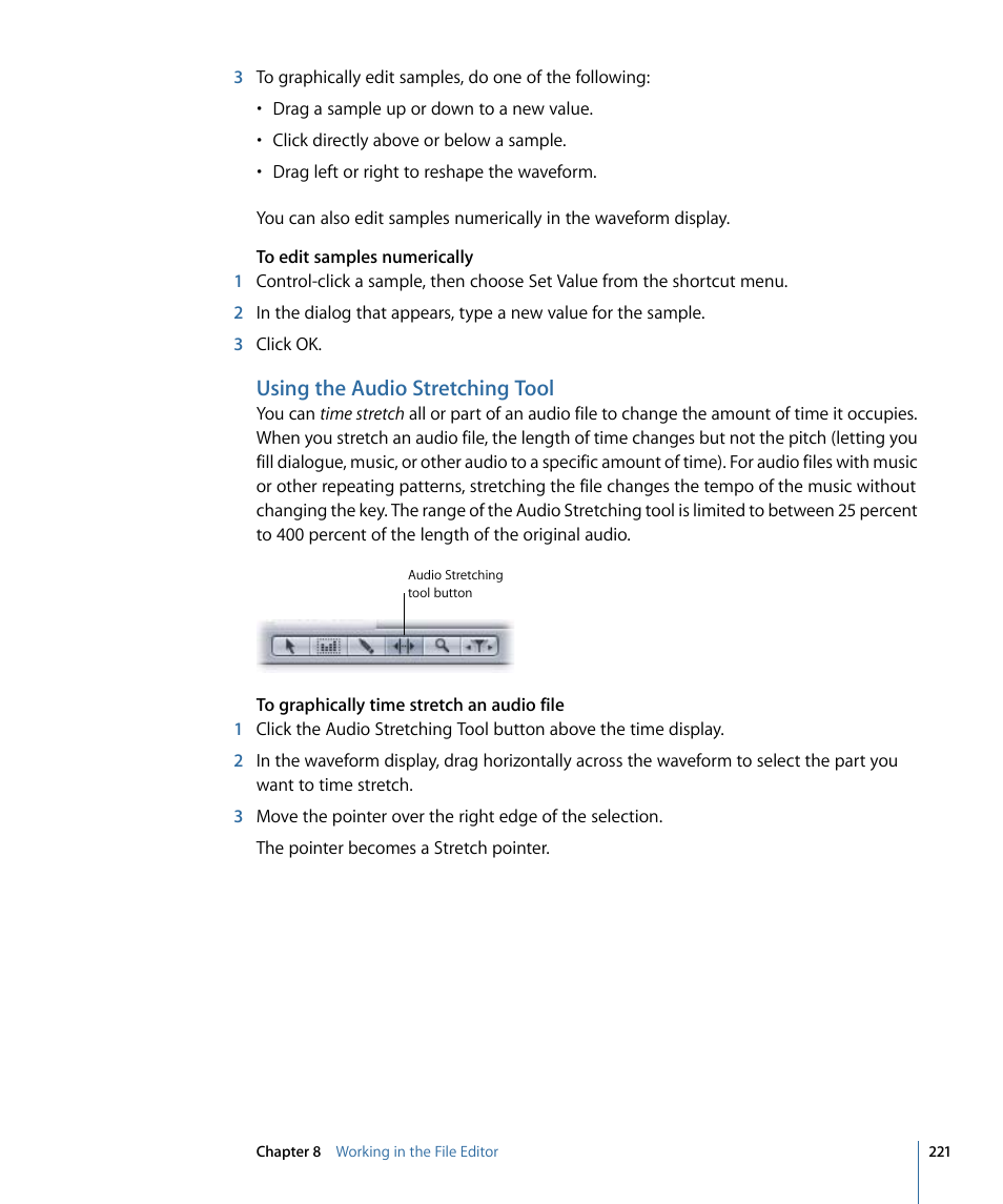 Using the audio stretching tool | Apple Soundtrack Pro 3 User Manual | Page 221 / 542