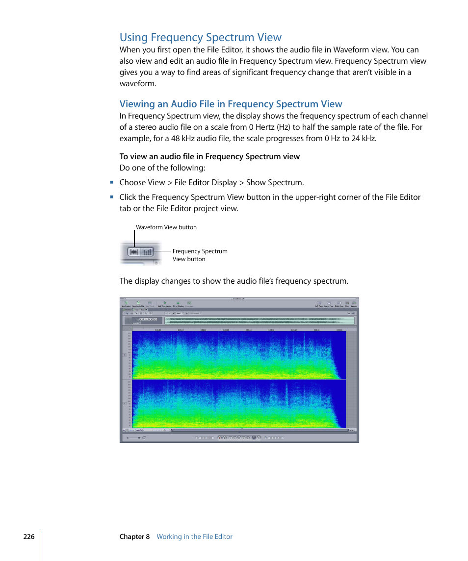 Using frequency spectrum view, Viewing an audio file in frequency spectrum view | Apple Soundtrack Pro 3 User Manual | Page 226 / 542