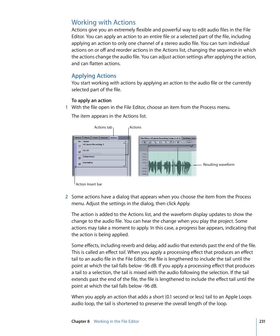 Working with actions, Applying actions | Apple Soundtrack Pro 3 User Manual | Page 231 / 542