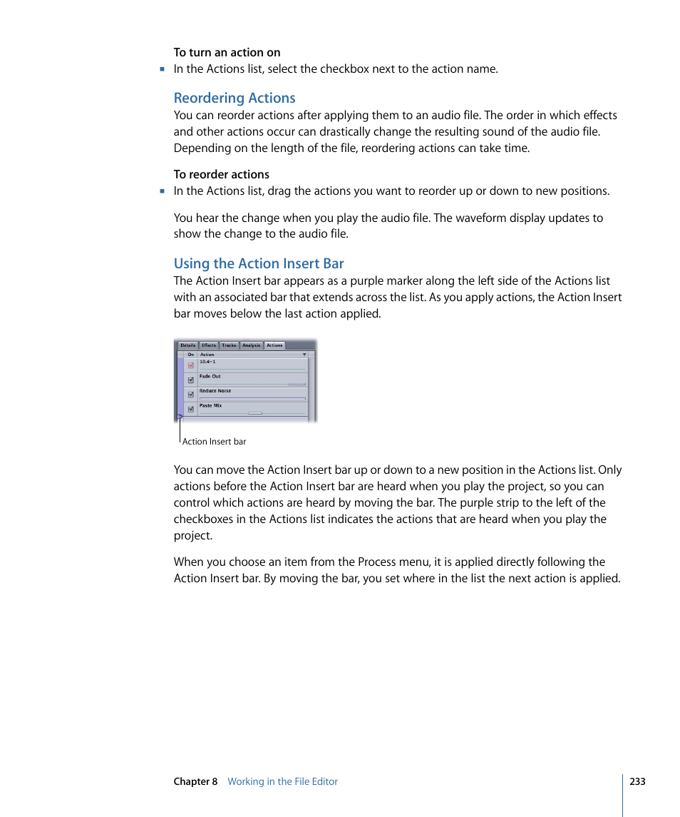 Reordering actions, Using the action insert bar | Apple Soundtrack Pro 3 User Manual | Page 233 / 542