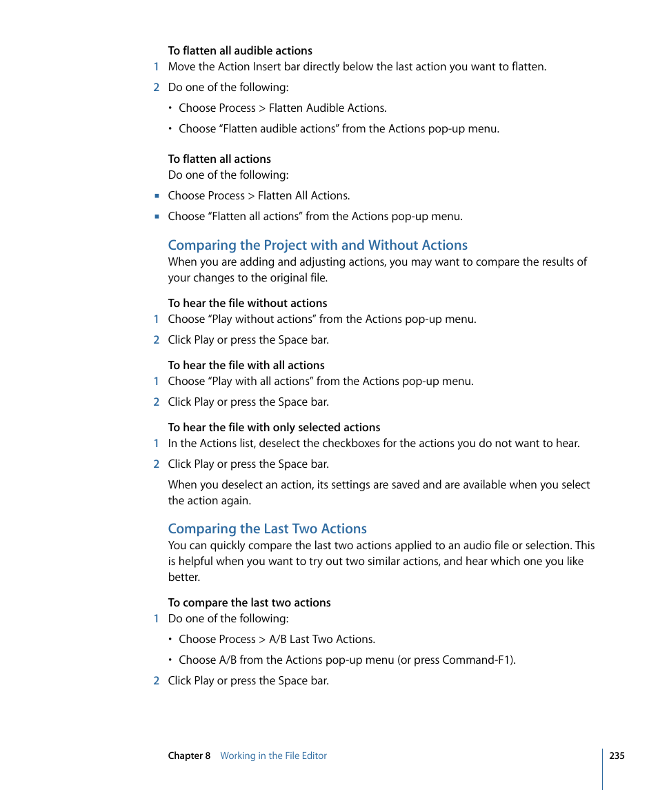 Comparing the project with and without actions, Comparing the last two actions | Apple Soundtrack Pro 3 User Manual | Page 235 / 542