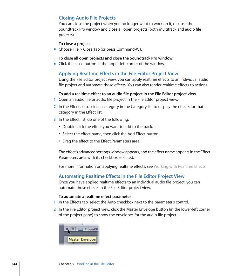 Closing audio file projects | Apple Soundtrack Pro 3 User Manual | Page 244 / 542