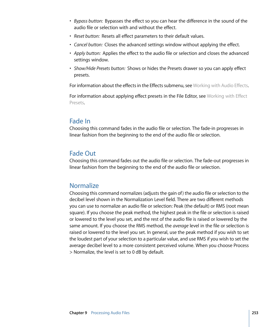 Fade in, Fade out, Normalize | Apple Soundtrack Pro 3 User Manual | Page 253 / 542