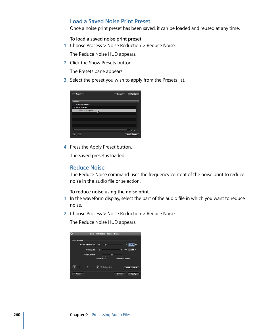 Load a saved noise print preset, Reduce noise | Apple Soundtrack Pro 3 User Manual | Page 260 / 542