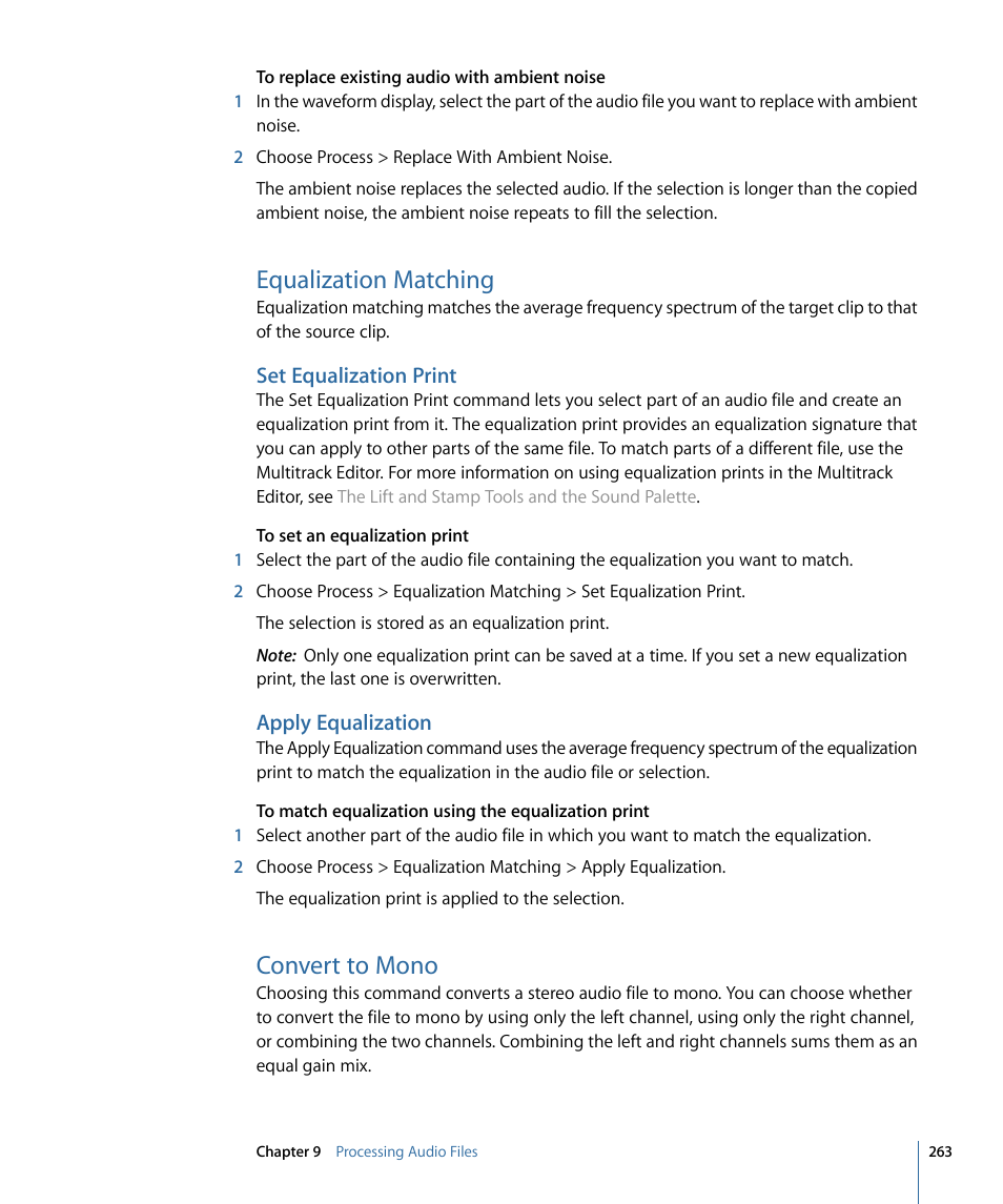 Equalization matching, Set equalization print, Apply equalization | Convert to mono | Apple Soundtrack Pro 3 User Manual | Page 263 / 542