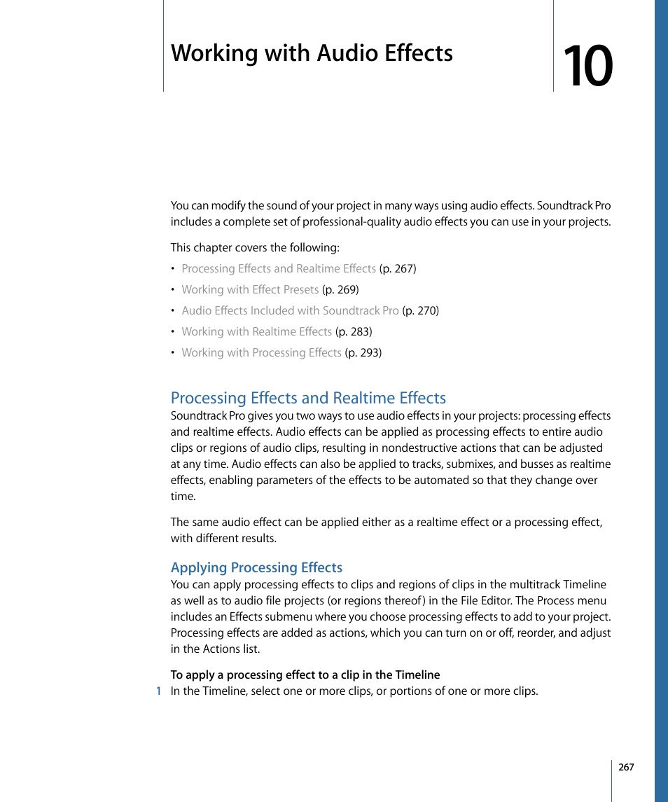 Working with audio effects, Processing effects and realtime effects, Applying processing effects | Working with audio, Effects, Working with, Audio effects | Apple Soundtrack Pro 3 User Manual | Page 267 / 542