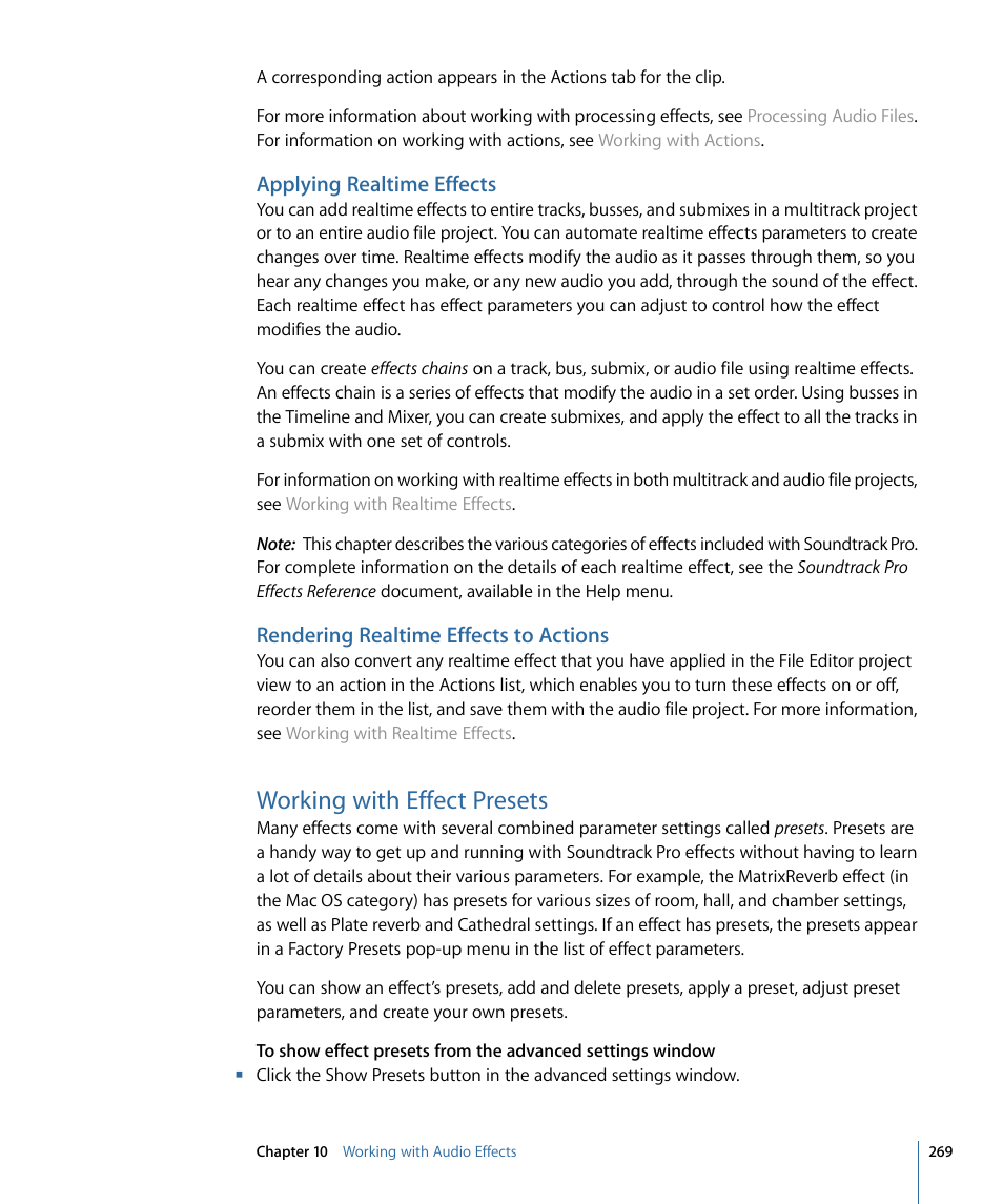 Applying realtime effects, Rendering realtime effects to actions, Working with effect presets | Apple Soundtrack Pro 3 User Manual | Page 269 / 542