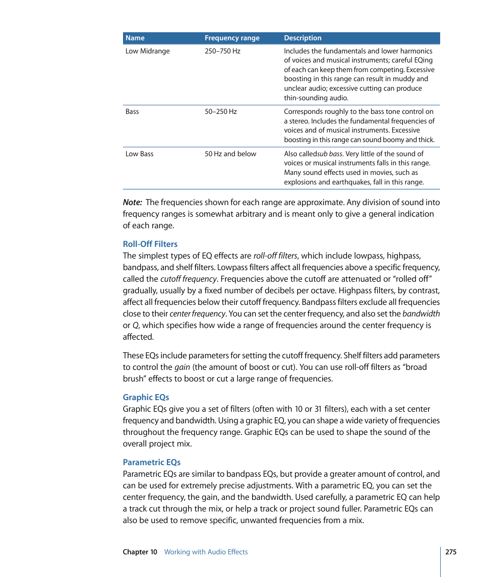 Roll-off filters, Graphic eqs, Parametric eqs | Apple Soundtrack Pro 3 User Manual | Page 275 / 542