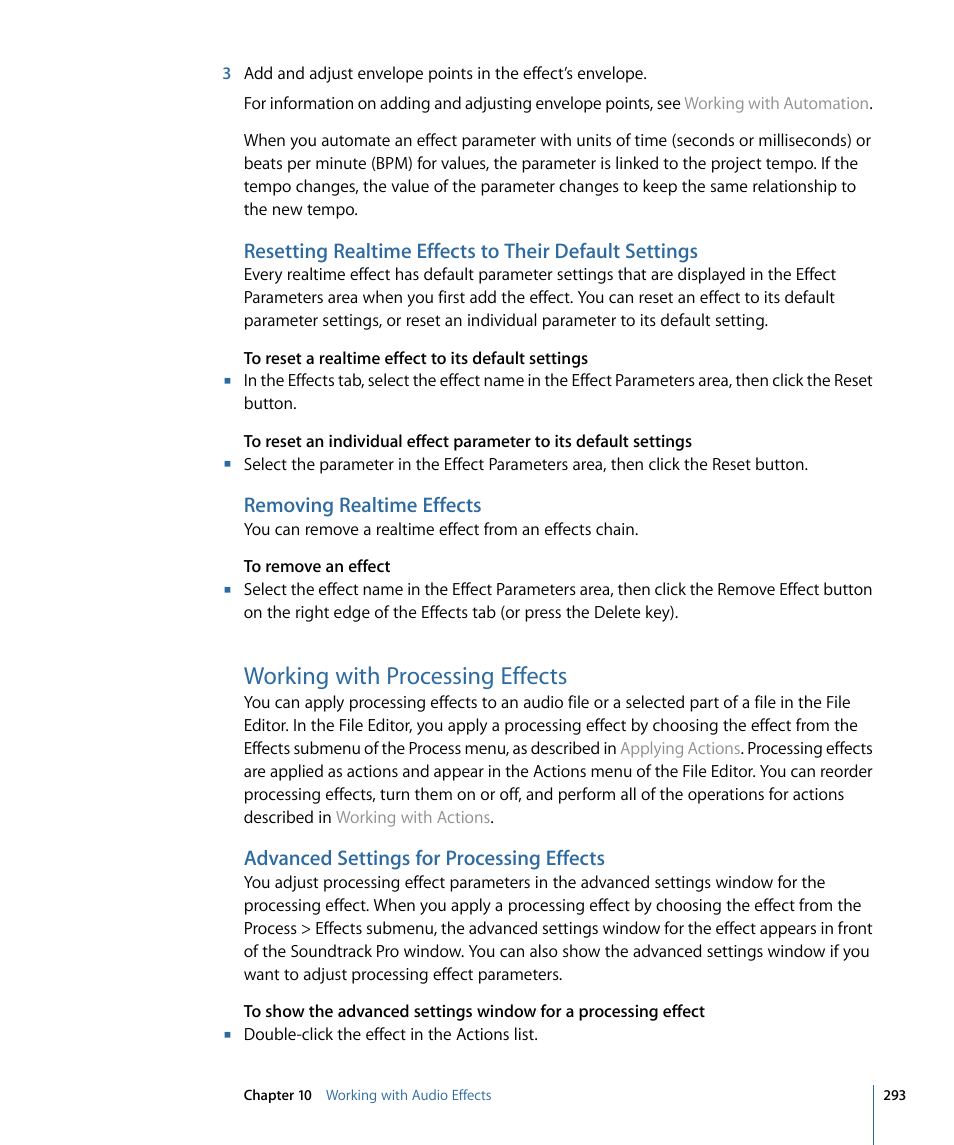 Removing realtime effects, Working with processing effects, Advanced settings for processing effects | Apple Soundtrack Pro 3 User Manual | Page 293 / 542